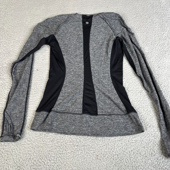 Lululemon Shirt Womens 4  Gray Black Full Tilt Pullover Ruffle Trim Thumb Holes - Picture 5 of 10